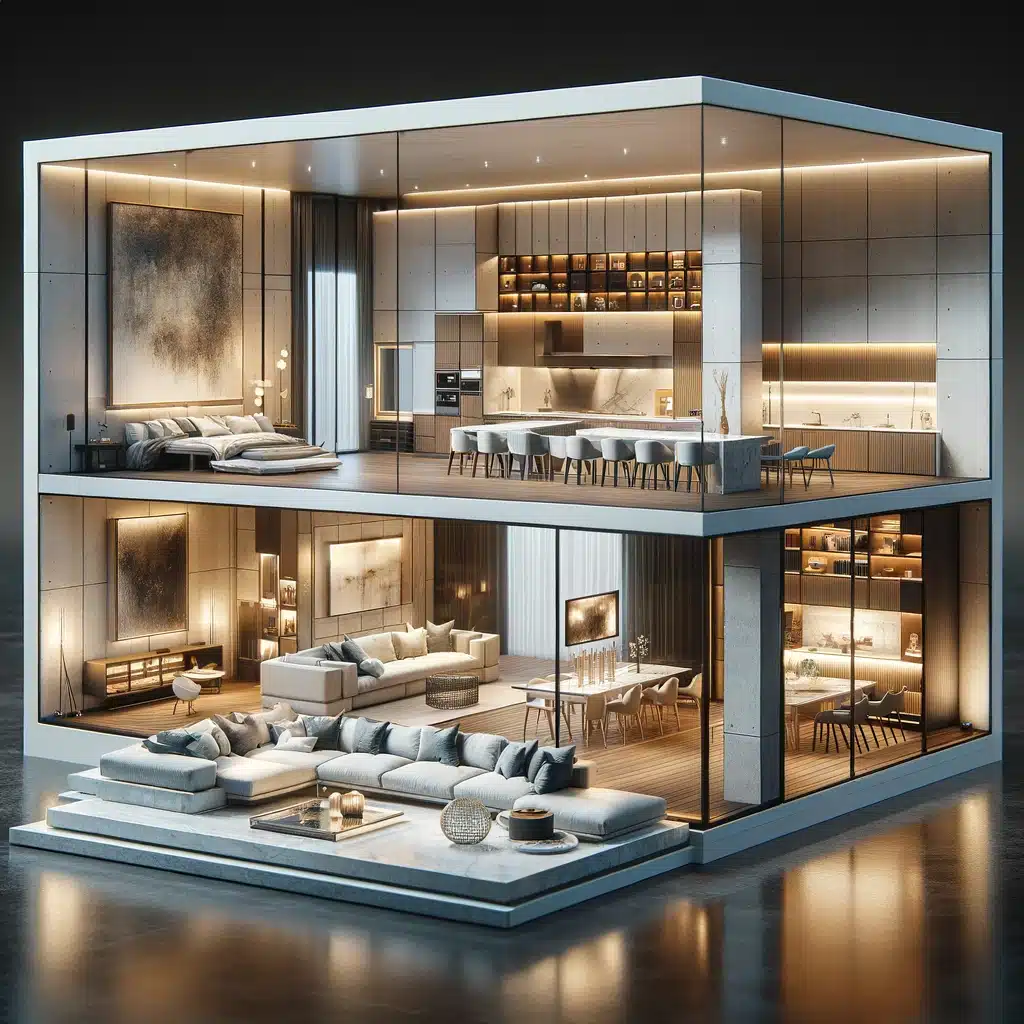 DALL·E 2024 05 06 14.51.52 A high resolution ultra detailed rendering of a modern style dollhouse. This dollhouse features an open plan with visible luxuriously decorated room