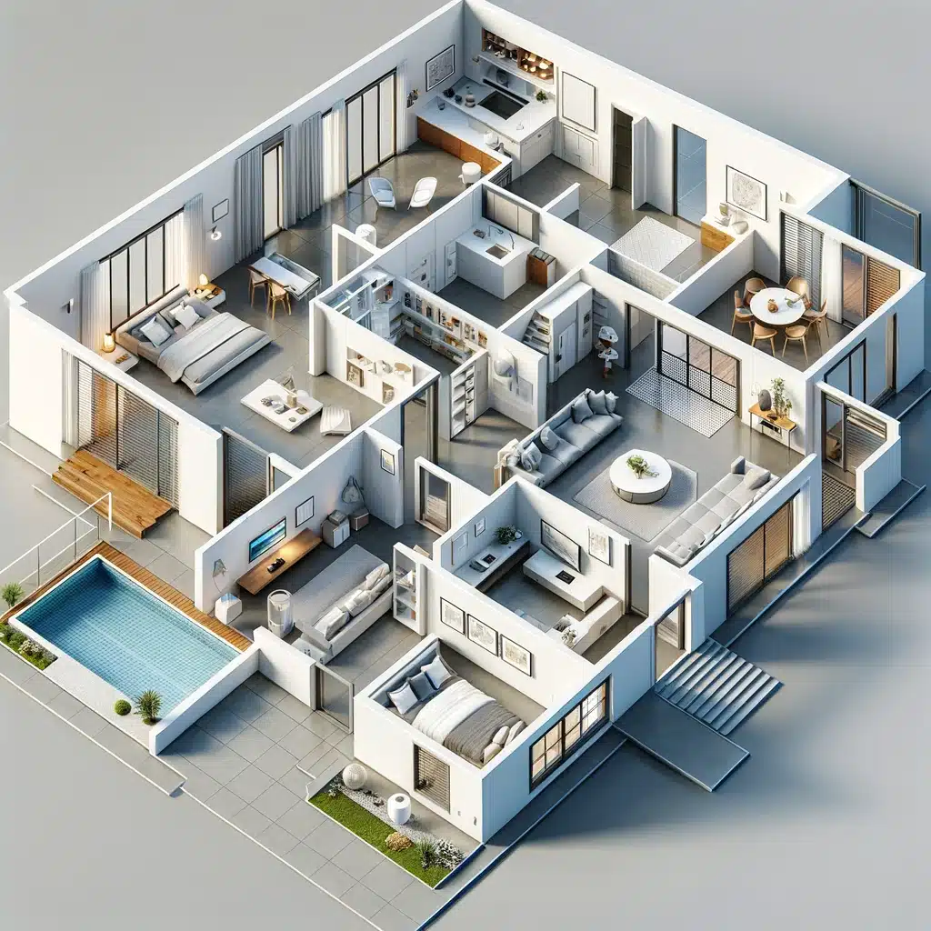 DALL·E 2024 05 06 14.54.12 A high resolution 3D floor plan of a modern one story house. The floor plan shows a clear layout with distinct rooms and contemporary features. It inc