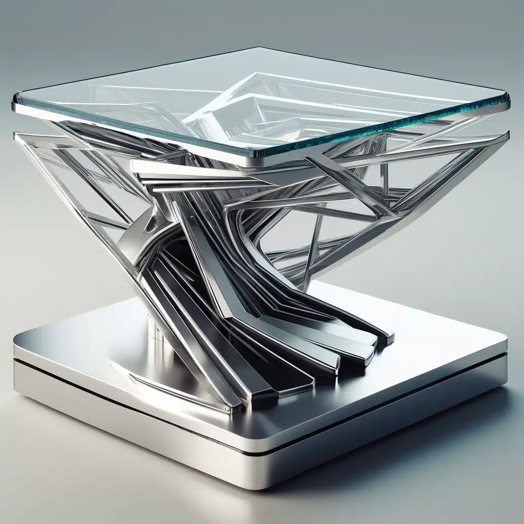 DALL·E 2024 05 06 15.01.29 A high resolution sharp 3D model of an innovative coffee table. The table is made of clear glass and chrome featuring a unique geometric base. This
