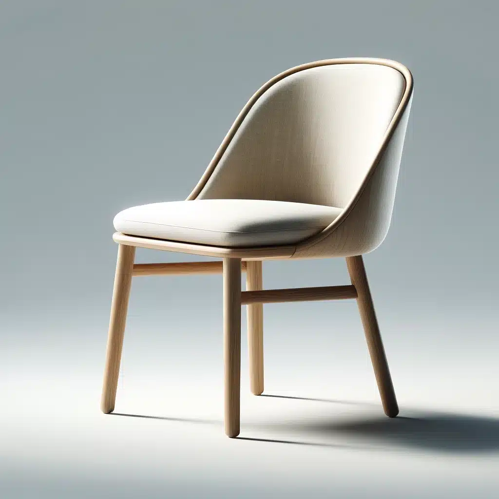 DALL·E 2024 05 06 15.01.35 A high resolution sharp 3D model of a contemporary dining chair. The chair features a curved wooden frame and a soft beige fabric seat. It embodies