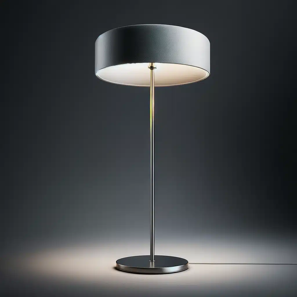 DALL·E 2024 05 06 15.01.39 A high resolution sharp 3D model of an elegant floor lamp. The lamp features a slim metallic stand and a large circular shade. This piece combines
